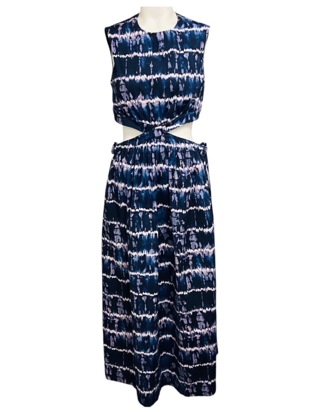 ALTUZARRA NAVY BLUE / PURPLE ASHIMA TIE DYE PRINT CUT OUT MIDI DRESS